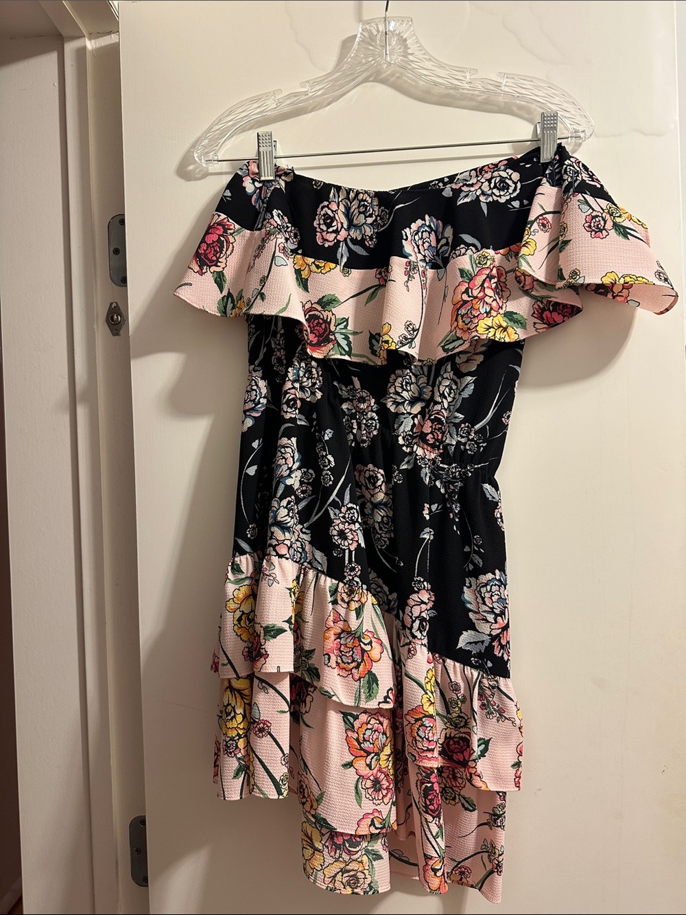 Aqua Black & Pink Floral One-Shoulder Ruffle Dress